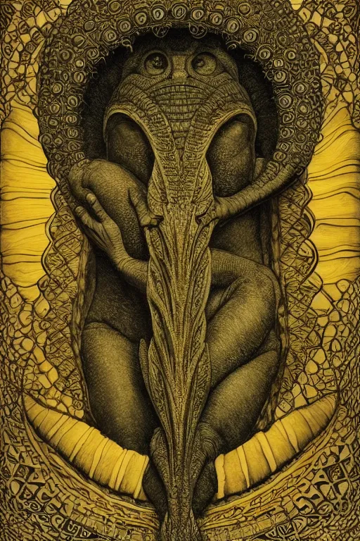 Prompt: beautiful crocodile headed god by maxfield parrish, mandala, coherent design, digital watercolor ink illustration painting, extremely dull colors, golden ratio, detailed, sharp lines, sharp focus, intricate, artgerm, gustave dore, alphonse mucha, octane render