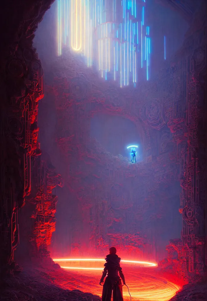 Prompt: Portrait of a young techno-mage casts glowing neon magic inside a ancient steel ruins. Barchans and dunes of sand. Art by Finnian MacManus, Simon Stalenhag, Arthur Rackham. Masterpiece, fantasy art, steampunk, hyperdetailed, photorealistic, hyperrealism