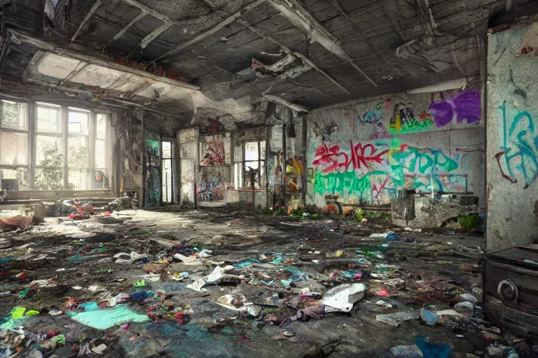 Prompt: perspective shot of a grungy derelict georgian manor interior with colourful graffiti on the walls and garbage scattered on the floor, reclaimed by nature in the style of last of us, trending on cgsociety, high detail, cinematic lighting, 8k, rendered in unreal engine