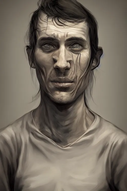 Prompt: digital portrait of mentally ill man wearing in a sanitarium by rafa sandoval and shawn coss, hyperrealistic, centered, deviantart, artgerm