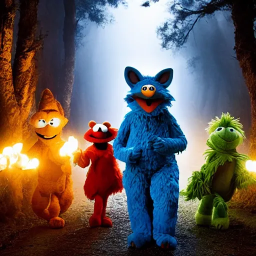 Image similar to a large two tailed druid fox muppet wearing a hooded cloak holding a lit torch and herding a bunch of random muppet animals following behind through a dark foreboding misty blue forest at night, sesame street, photograph, photography, ultrarealistic, national geographic