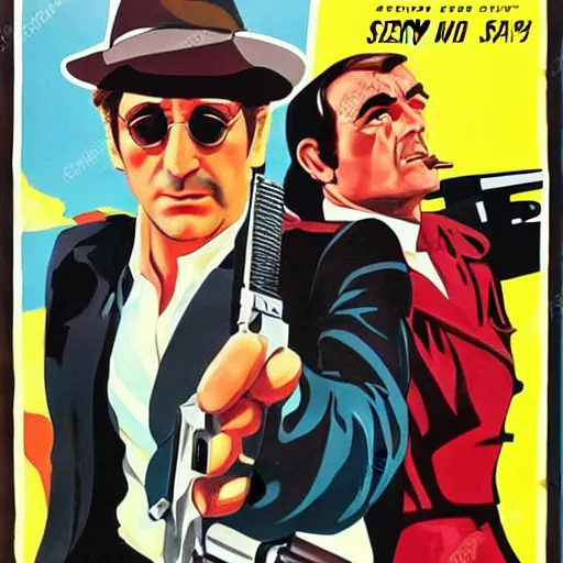 Prompt: john lennon pointing a gun at sean connery, james bond, 1960s film poster