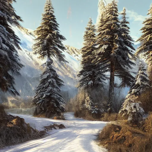 Image similar to crossroad leading into distant snowy mountain, lush fantasy landscape, artstation, photorealistic