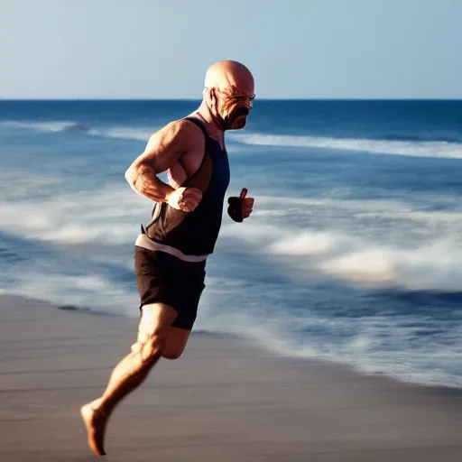 Prompt: Walter White running on the beach, artistic, 8k, cinematic