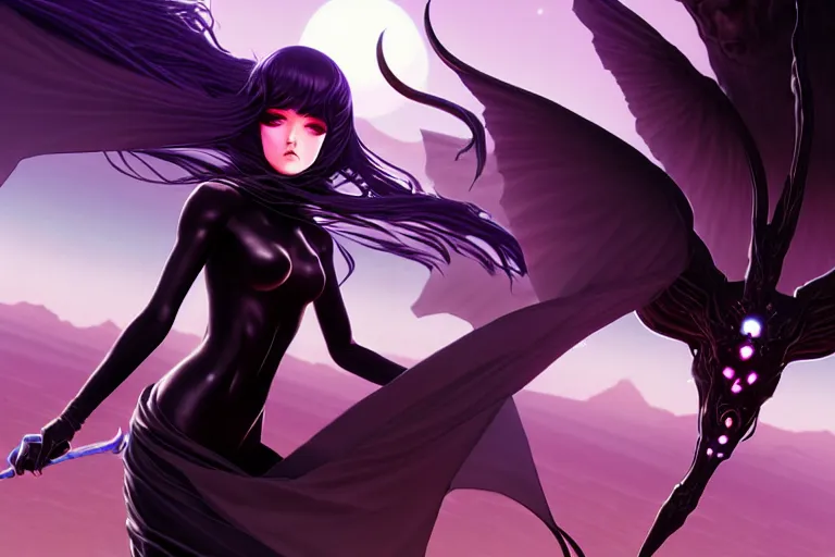 Image similar to veiled black dressed summoner girl and her ego weapons fighting against the outer gods. desert valleys, box office hit, fantasy and cosmic horror movie, unreal engine, intricate, highly detailed 8 k, ambient occlusion, extremely beautiful and aesthetic shape of face and body, art by hiroaki samura and ilya kuvshinov and rossdraws