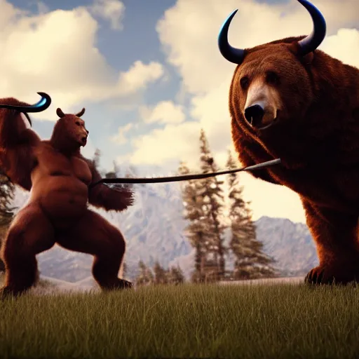 Prompt: anthropomorphic bear fighting an anthropomorphic bull, unreal engine 5