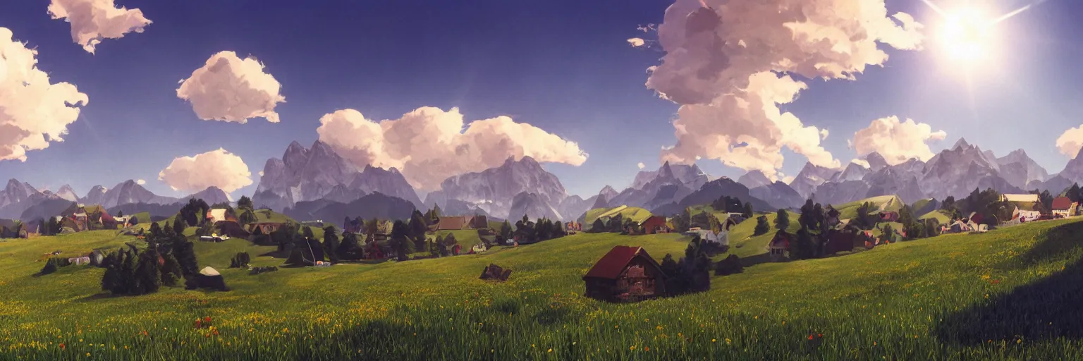 Prompt: a ultra photorealistic and sharp film still of an a sunny and colourful open field in 1 9 0 0 in the middle of the bavarian alps, germany. all of the clouds are perfectly spherical. wide shot, wes anderson, studio ghibli, pixar and disney animation, octane render, anime key art by greg rutkowski, dramatic lighting, award winning photography