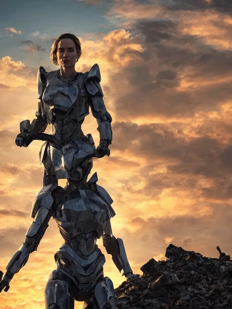 Image similar to emily blunt in futuristic power armor, close up portrait, solitary figure standing atop a pile of rubble, holding a sword on her shoulder, sunset and big clouds behind her