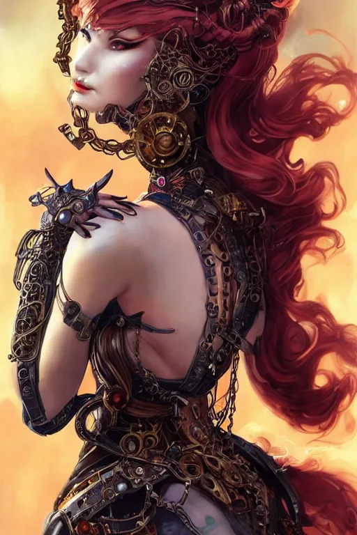 Image similar to front-side portrait sensual Lady Mechanika with ginger wavy hair, Intricate, steampunk imagery themed, D&D!, fantasy style, sharp focus!, ultra detailed, art by Artgerm and Peter Andrew Jones, WLUP
