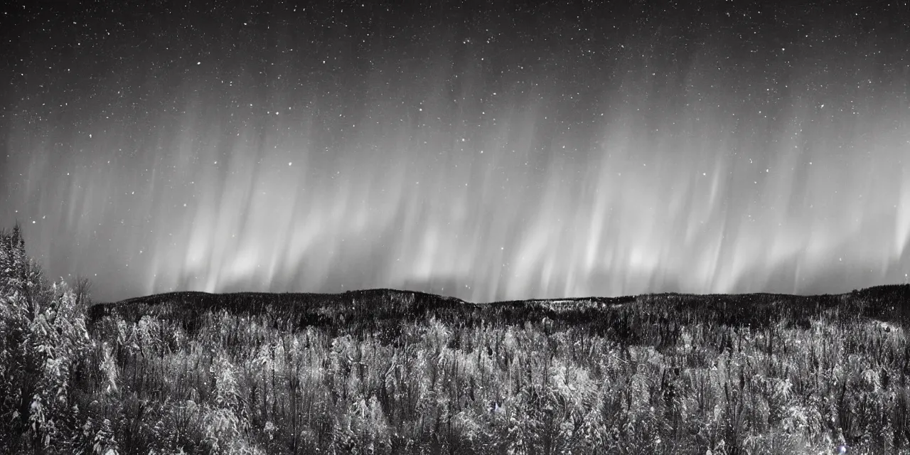 Image similar to laurentian appalachian mountains in winter, unique, original and creative landscape, black and white semiabstract, snowy night, distant town lights, aurora borealis, deers and ravens, footsteps in the snow, brilliant composition, fascinating textures