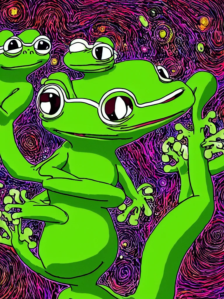 Prompt: high resolution 4k a decent into wonderous blasphemy a longing of prolonged madness pepe frog family together happy bioluminescent moss worlds of love and joy cool galactic color background made in abyss design Tony DiTerlizzi dream like storybooks nursery rhymes pepe the frog within a wonderous forest soft and warm ,white birtch , the value of love a clear prismatic pink sky, loss , unnerving , disheartening , love, warm ,Luminism, prismatic , fractals , pepe the frog , art in the style of Tony DiTerlizzi , Francisco de Goya and Akihito Tsukushi and Gustave dore and Arnold Lobel