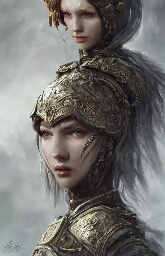 Prompt: an concept art of the slavic queen, pale hair, one eye, intricate details, detailed face, detailed armour, artstation, epic pose, ambient light, by rembrandt