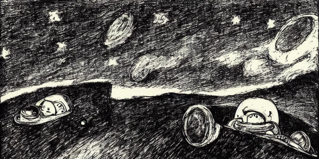 Prompt: portrait of a duny Bruggy driving on an alien planet, clouds visible, stars in the sky, mountains, etching, in the style of Goya