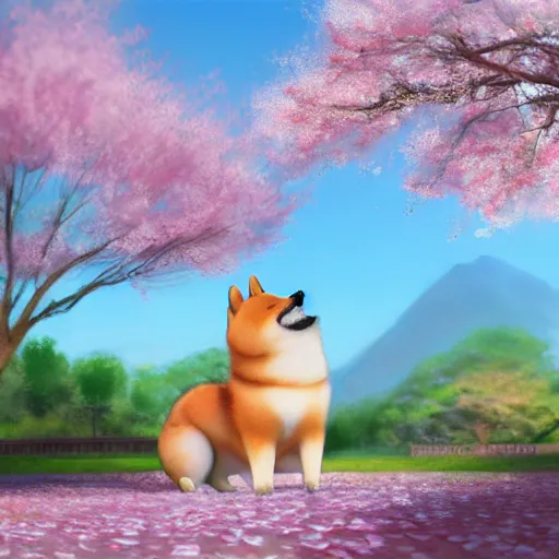 Image similar to hyper realistic cute fluffy shiba inu plays under the cherry blossom tree, highly detailed, digital painting, artstation, concept art, movie still, smooth, sharp focus uhd 8 k