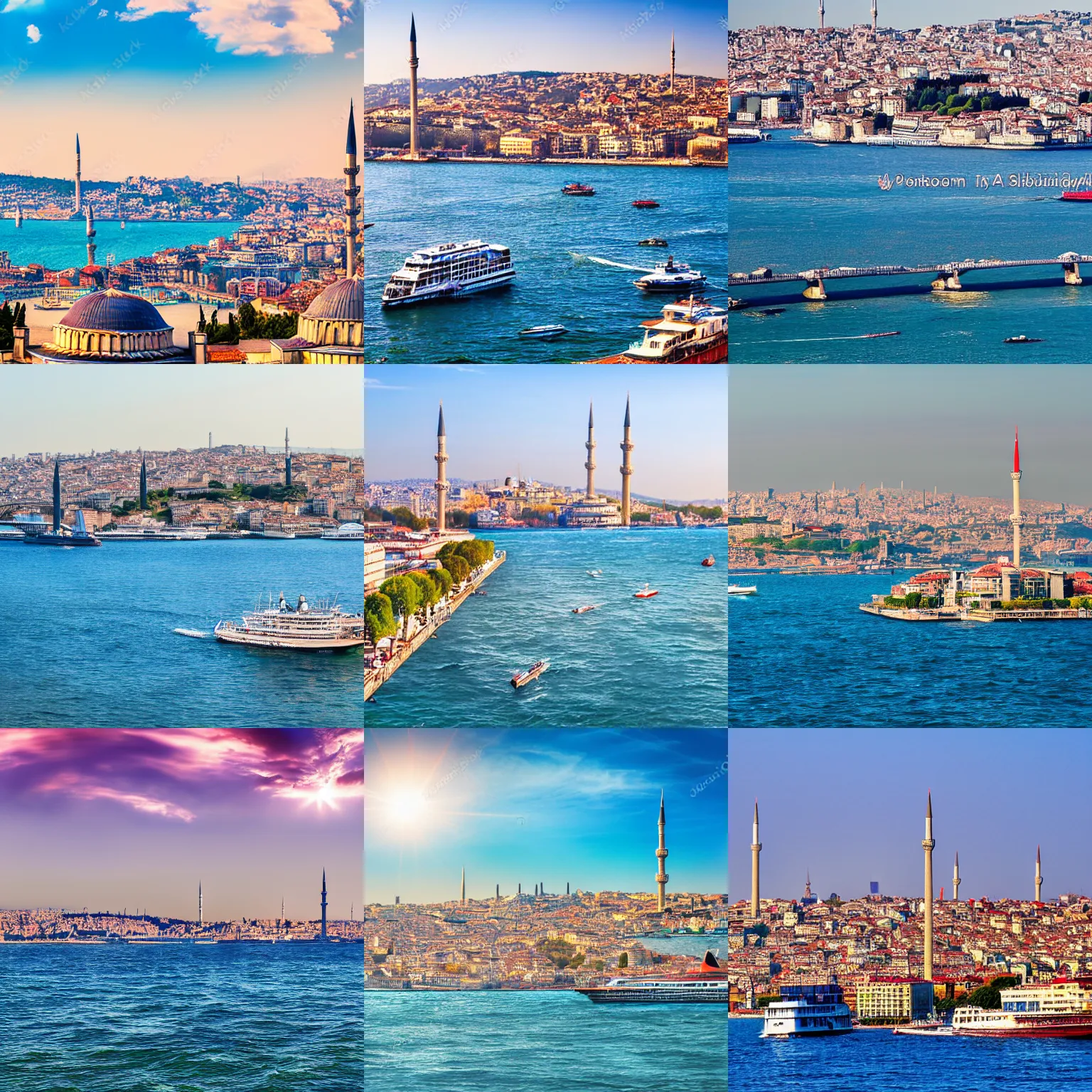 Prompt: Panorama image of the Istanbul bosphorus with the Eiffel Tower right next to the water, in a sunny day, photorealistic, HD