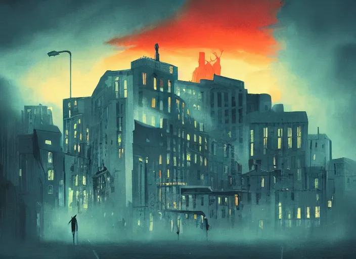 Prompt: editorial illustration by Karolis Strautniekas and Mads Berg, colorful, city of the lost,sky on fire, fine texture, detailed, matte colors, film noir, dramatic lighting, dynamic composition, moody, vivid, volumetric