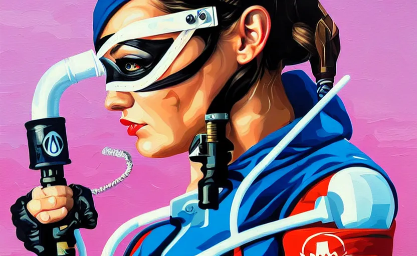 Image similar to rogue agent wearing oxygen mask holding a harpoon with sea background side profile by Sandra Chevrier