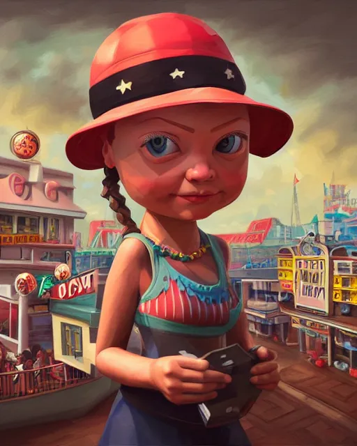 Prompt: closeup profile portrait of a low poly tin toy greta thunberg as a gangster's moll in a gambling den, bikini, hyper realistic, artstation, illustration, nicoletta ceccoli, mark ryden, lostfish, max fleischer, digital paint, matte paint, vivid colors, bright, cheerful, detailed and intricate environment