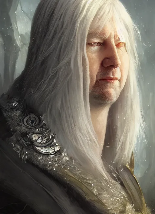 Prompt: Portrait of Kevin Rudd, white glowing eyes, silver shaggy hair, cloak, ethereal wings, male, fantasy, extremely detailed, digital painting, artstation, concept art, smooth, sharp focus, illustration, stunning lighting, art by artgerm and greg rutkowski and alphonse mucha and simon stalenhag, realistic character concept, high fantasy, light atmosphere, golden ratio, cinematic lighting, hyperdetailed, high resolution, insanely detailed and intricate, artstation, Marc Simonetti, Greg Rutkowski, 8k