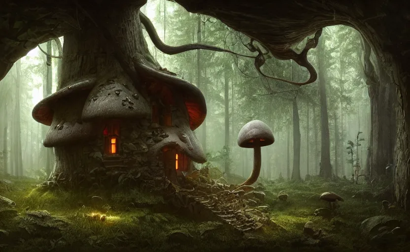 Image similar to A mushroom house in a tall mushroom, small door and windows in the mushroom, warm light coming from the windows, in a dark forest, macro, cool tones, underexposed, overecast, mysterious matte painting by greg rutkowski and marc simonetti and Ivan Shishkin, 4k