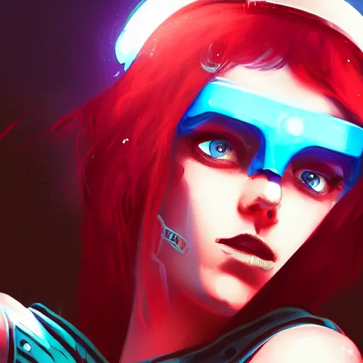 Image similar to a girl with red hair and blue eyes, cyberpunk, rooftop, teal neon lights, highly detailed, digital painting, artstation, concept art, sharp focus, illustration