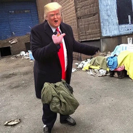 Image similar to donald trump dressed as a homeless man living in the slums