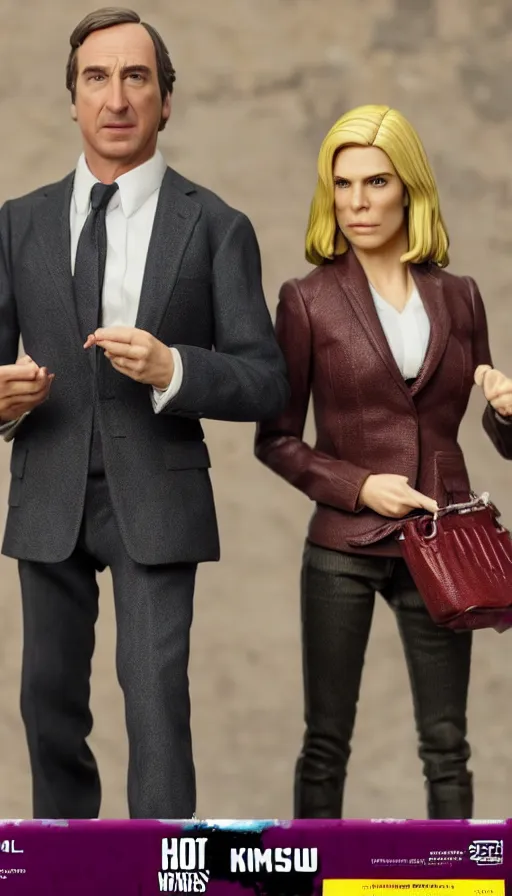 Image similar to hot toys figurine of kim wexler and saul goodman, realistic, up close image, 1 / 1 6 th scale, unopened, listing image, hd