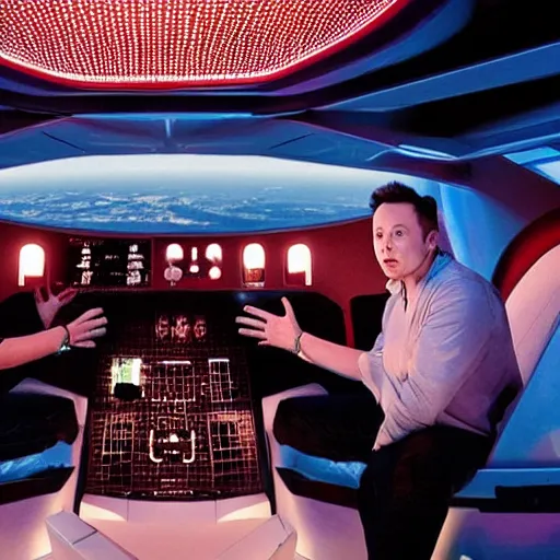 Prompt: elon musk inside a starship rocket, hyperreal photo, realistic, cool lighting