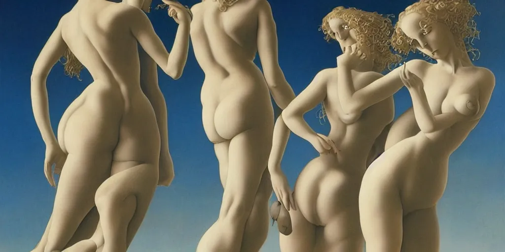 Image similar to the three graces by michael parkes magic realism, hyper realistic