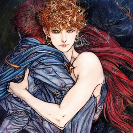 Image similar to a drawing of a woman holding a man, concept art by ayami kojima, featured on pixiv, auto - destructive art, official art, wiccan, parallax.