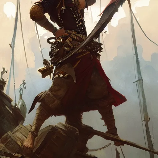 Image similar to a pirate warrior getting ready to battle, highly detailed, digital painting, artstation, concept art, sharp focus, illustration, art by greg rutkowski and alphonse mucha