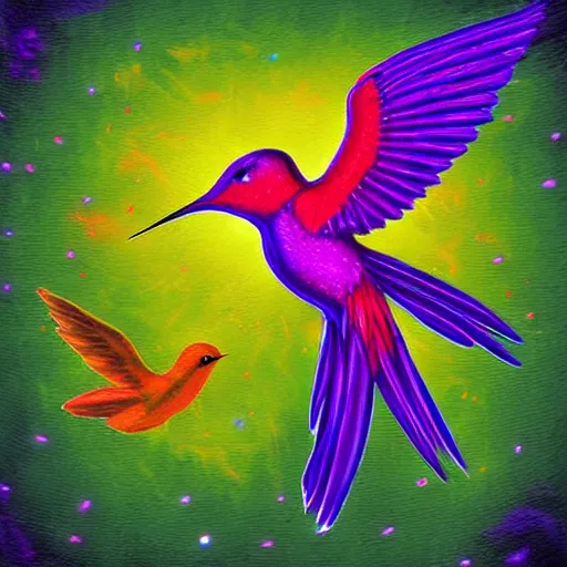 Prompt: a glowing magical flaming hummingbird phoenix cries in the rain digital art