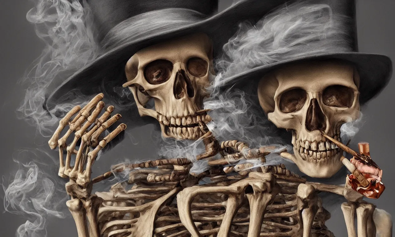 Prompt: stunning portrait of a skeleton wearing a hat and smoking a cigar, hyperrealism, photorealistic art, digital arts, intricate details and composition, surreal colors, 4 k, 8 k, artstation