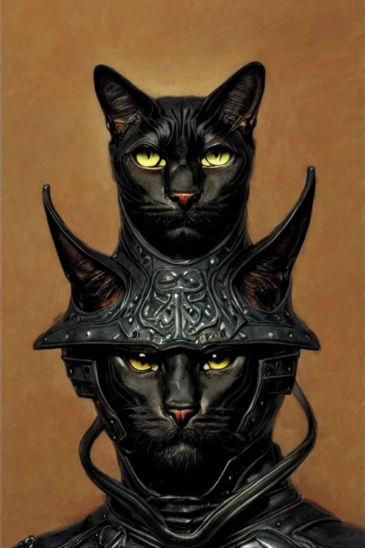 Image similar to head and shoulders portrait of an eldritch knight, tabaxi, black cat, anthropomorphic, male, breastplate, magical, high fantasy, d & d, by donato giancola, face details, extremely detailed, vogue fashion photo
