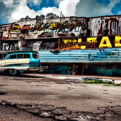 Image similar to low wide angle shot of dilapidated fallout 5 miami, tropical coastal city, desolate, dilapidated neon signs, few rusted retro futuristic vintage parked vehicles like cars, buses, trucks, trams, sunny weather, few clouds, volumetric lighting, photorealistic, daytime, spring, sharp focus, ultra detailed, 4 0 0 0 k