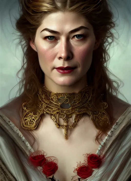 Image similar to portrait of rosamund pike as a vampire lord, jewelry, greek, ruby, intricate, headshot, highly detailed, digital painting, artstation, concept art, sharp focus, cinematic lighting, illustration, art by artgerm and greg rutkowski, alphonse mucha, cgsociety