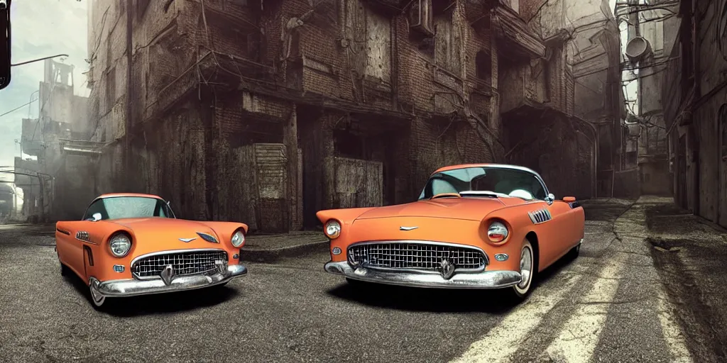 Image similar to a wholesome animation key shot of a focused old 1955 Ford Thunderbird car parked in an abandoned alleyway, medium shot, waist up, studio Ghibli, Pixar and Disney animation, sharp, very detailed, high resolution, Rendered in Unreal Engine 5, anime key art by Greg Rutkowski, Bloom, dramatic lighting