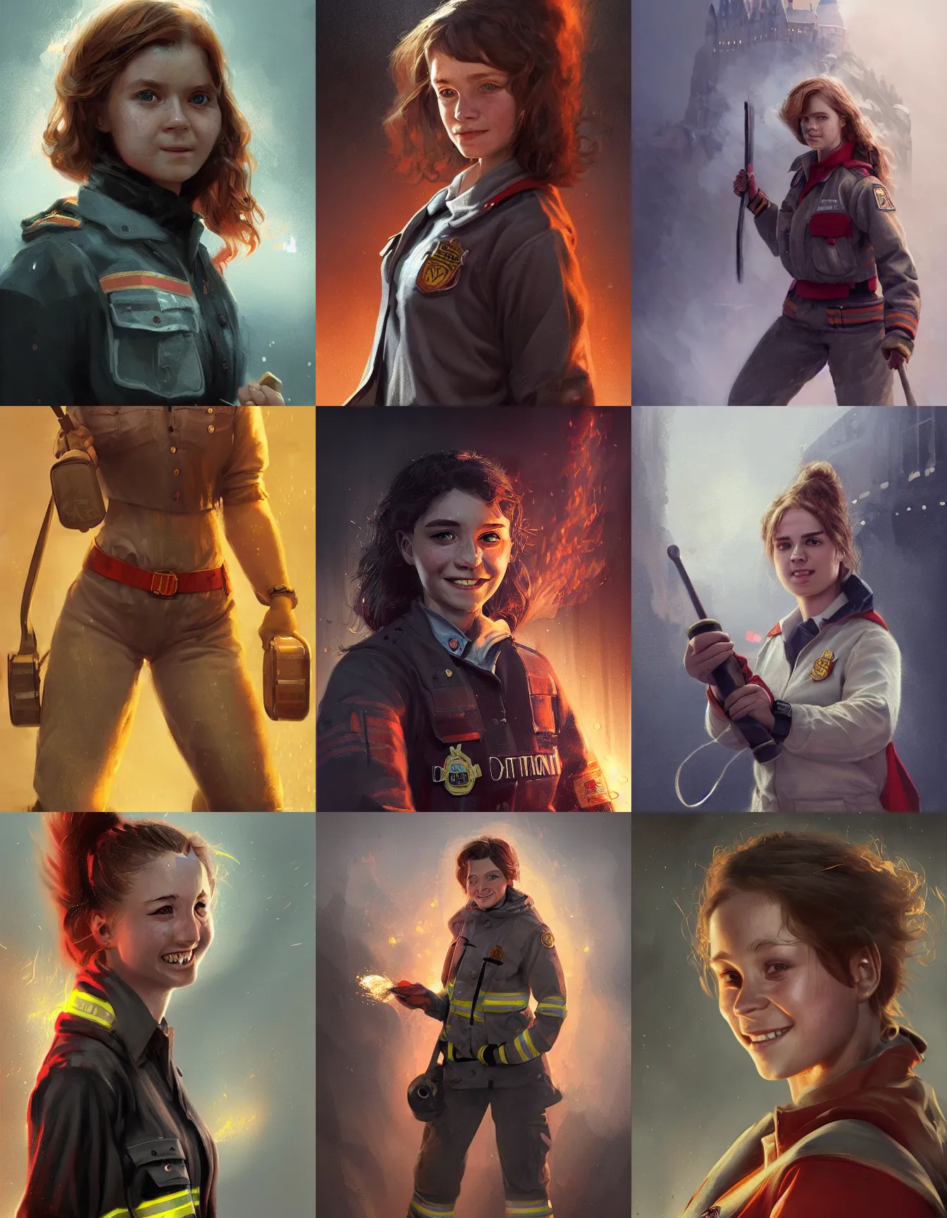 Prompt: young female firefighter, strong, muscular, smiling, rescuing harry potter, digital portrait by greg rutkowski, intricate, soft focus, highly detailed, cinematic, epic, artstation