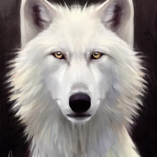 Image similar to A portrait of a white wolf wearing a crown, oil painting, award winning masterpiece, artstation