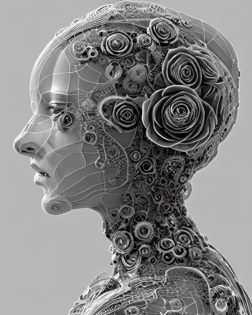 Image similar to mythical dreamy black and white organic bio-mechanical spinal ribbed profile face portrait detail of translucent steampunk beautiful female angelic-human-queen-vegetal-cyborg, highly detailed, intricate trnaslucent ivy jelly ornate, poetic, translucent roses ornate, 3D render, digital art, octane render, 8K artistic photography, photo-realistic, by Dora Maar