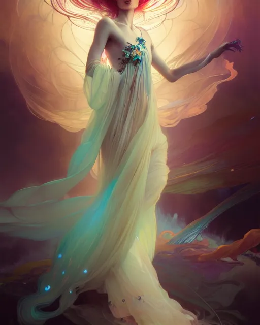 Image similar to ultrarealistic Portrait of ethereal deity wearing beautiful gown, calm, 4k digital masterpiece by Anna Dittman and Alberto Seveso Ruan Jia, rossdraws and alphonse mucha and loish and WLOP, fantasycore, Hyperdetailed, realistic digital painting, atmospheric, soft lighting, featured on Artstation