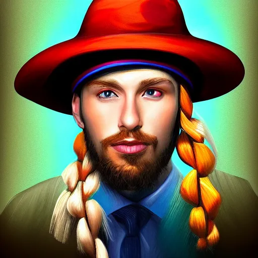 Prompt: colorful painting of a man with a hat with a propellor on top with long blond hair, matte painting, trending on art station, ultra - detailed, hq