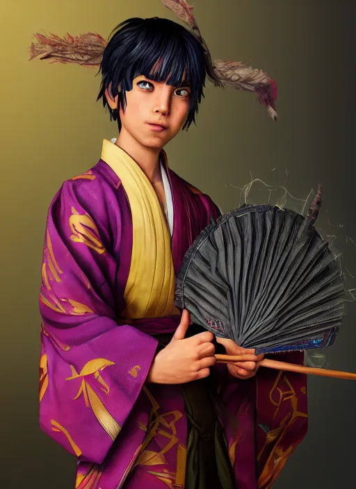 Image similar to An epic fantasy comic book style portrait painting of a young boy with straight indigo hair, purple eyes with red eye markers, slim body, wearing a detailed Japanese kimono with traits of the god Fuujin, holding a pair of fans. Unreal 5, DAZ, hyperrealistic, octane render, cosplay, RPG portrait, dynamic lighting