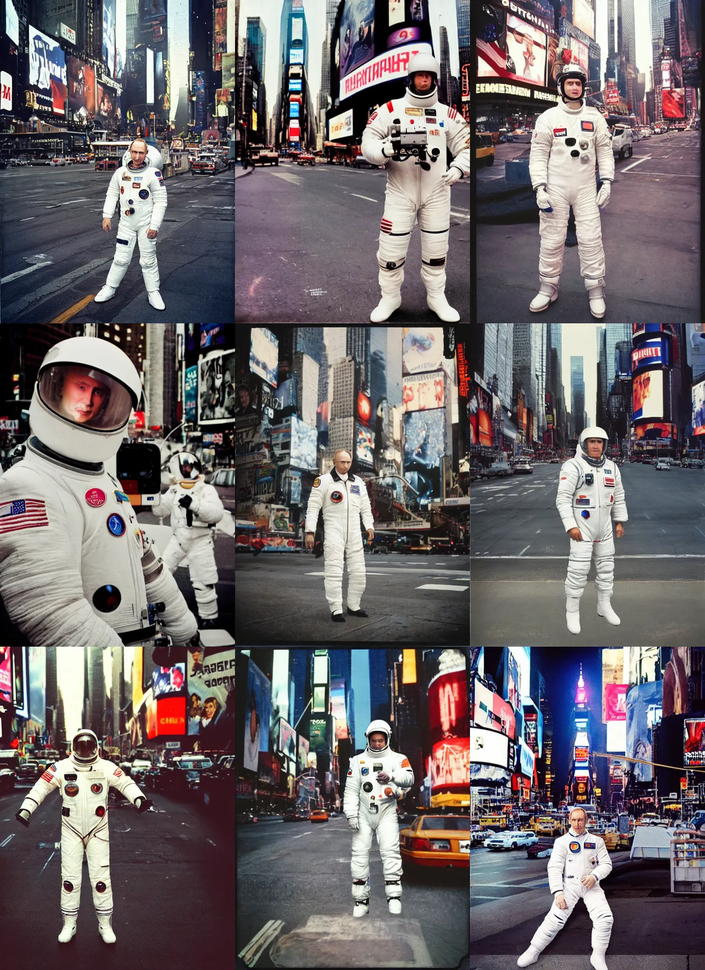 Prompt: realistic!! vladimir putin in white spacesuit, in times square, very realistic, cinematic focus, polaroid photo, vintage, neutral colors, soft lights, by gregory crewdson