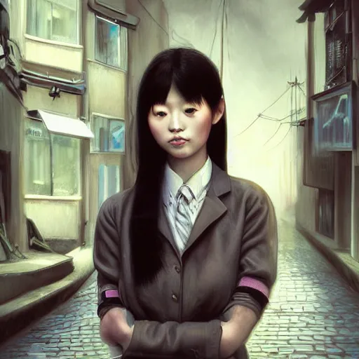 Prompt: a perfect, realistic professional oil painting in Dali style, of a Japanese schoolgirl posing in a dystopian alleyway, close-up, by a professional American senior artist on ArtStation, a high-quality hollywood-style concept