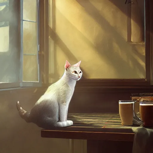 Prompt: a cat in the tavern holding a mug of beer, early morning light from window, craig mullins, hayao miyasaki, artstation, 3 d render, octane