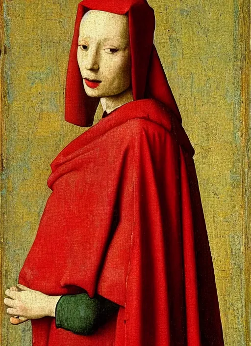 Image similar to red cloth, medieval painting by jan van eyck, johannes vermeer