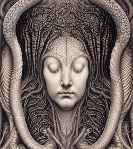 Image similar to detailed realistic beautiful serpent goddess face portrait by jean delville, gustave dore, iris van herpen and marco mazzoni, art forms of nature by ernst haeckel, art nouveau, symbolist, visionary, gothic, neo - gothic, pre - raphaelite, fractal lace, intricate alien botanicals, ai biodiversity, surreality, hyperdetailed ultrasharp octane render