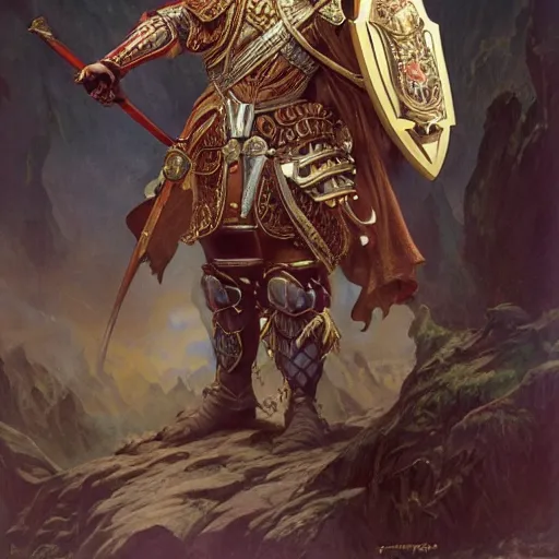 Image similar to an ultradetailed portrait of robin williams dressed as a fantasy holy paladin, carrying a large tower shield, d & d, fantasy, intricate, elegant, highly detailed, digital painting, matte, sharp focus, illustration, plate armor, god rays, art by john collier and albert aublet and krenz cushart and artem demura and alphonse mucha