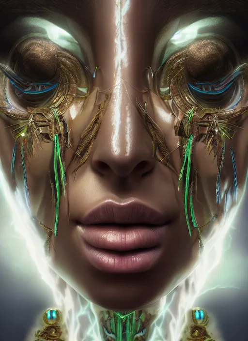 Prompt: hyper realistic oil painting of cyborg goddess of nature, symmetric face, vr glasses, a lot of jewellery, tribal makeup, concept art, mystical dark forest, octane render, volumetric lightning, cinematic light